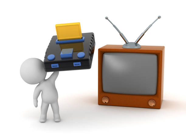 3D Character with a Video Game and a Retro TV. Isolated on white background.
