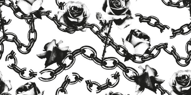 Broken chains and roses seamless pattern vector illustration Broken chains and roses distressed monochrome seamless pattern. Trendy print with retro photocopy effect and grainy stippling texture. Grunge gothic vector illustration on transparent background gothic designs clip art stock illustrations