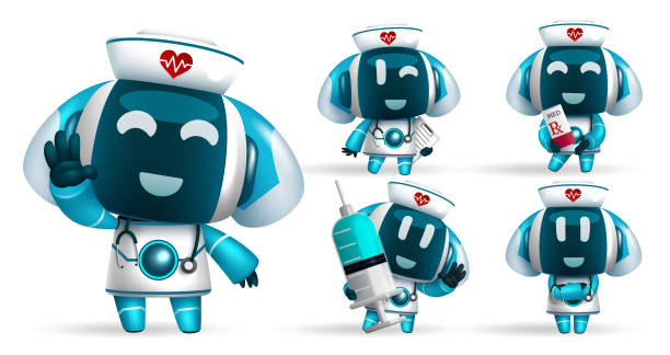 istock Robotic ai nurse vector set design. Robots animal characters in friendly faces and gesture for medic assistant robot collection 2204241935