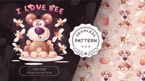 Seamless pattern cartoon character adorable bear with bee, pretty animal idea for print t-shirt, poster and kids envelope, postcard. Cute hand drawn style bear. Seamless pattern cartoon character adorable bear with bee, pretty animal idea for print t-shirt, poster and kids envelope, postcard. Cute hand drawn style bear. Vector eps 10 hornet swarm stock illustrations