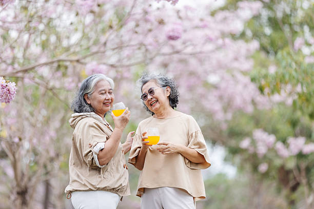 istock Two elderly women enjoy a peaceful moment under blooming cherry blossoms. 2204255748