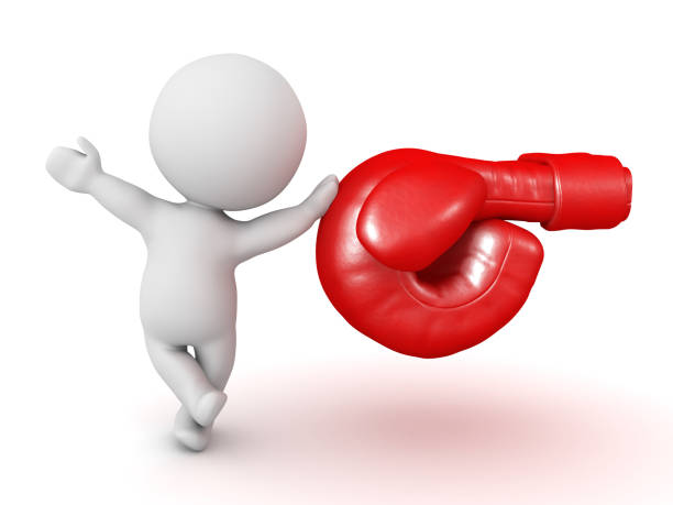3D Character leaning on red boxing glove. 3D Rendering isolated on white.