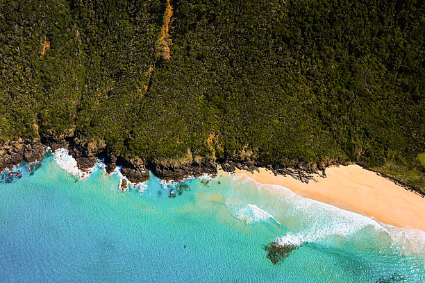 A stunning aerial view of turquoise waters, a sandy beach, and lush cliffs on Lord Howe Island