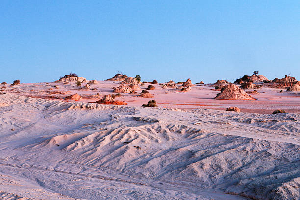 An arid landscape in Mungo National Park featuring unique desert formations, textured ground, and sparse vegetation under a clear blue sky
