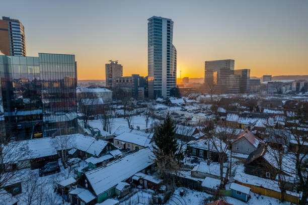 Aerial winter evening sunset view of Vilnius downtown, Snipiskes district, Lithuania