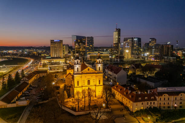 Aerial spring night dusk view of Vilnius, Snipiskes district, Lithuania