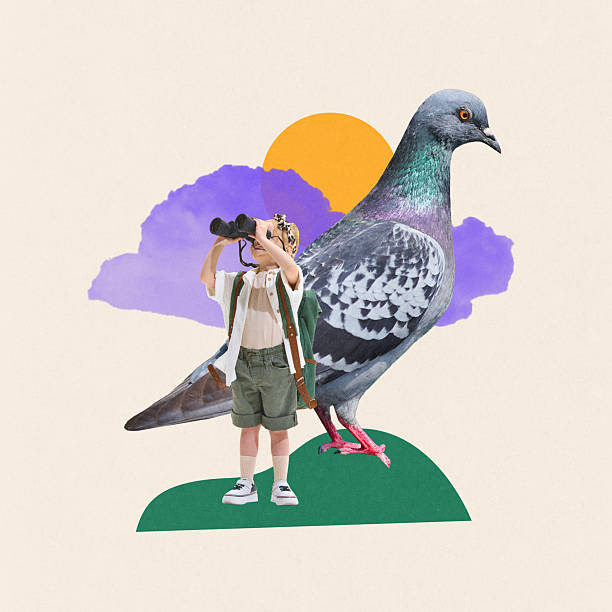 Curious child with backpack using binoculars, standing in front of giant pigeon, exploring new places. Excited journey. Contemporary art collage.
