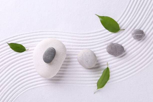 Zen garden stones and green leaves on white sand with pattern, flat lay