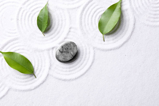 istock Zen garden stones and green leaves on white sand with pattern, flat lay. Space for text 2204286484