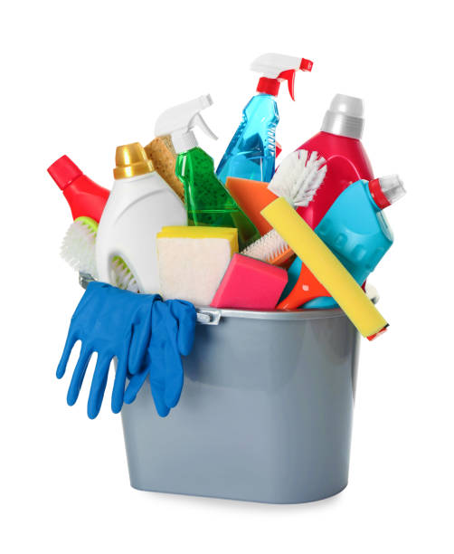 istock Different cleaning products in plastic bucket isolated on white 2204287955