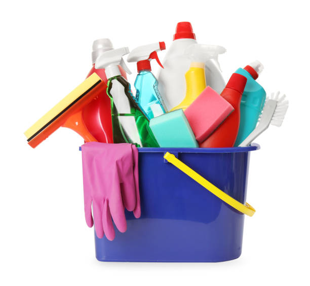 istock Different cleaning products in plastic bucket isolated on white 2204287968