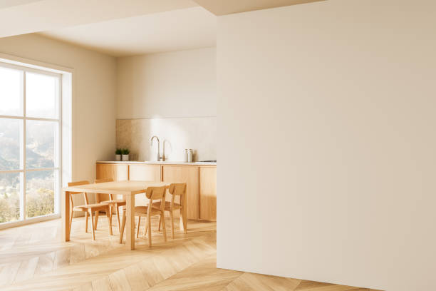 istock Modern kitchen with light wood furniture and blank wall for design presentation. 3D Rendering 2204288444