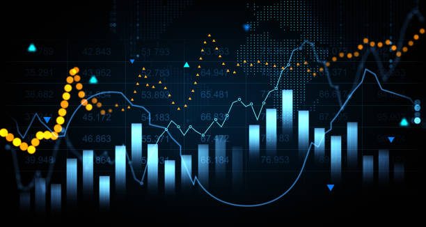 istock Financial graph with bar charts and trend lines on dark background. 3D Rendering 2204288568