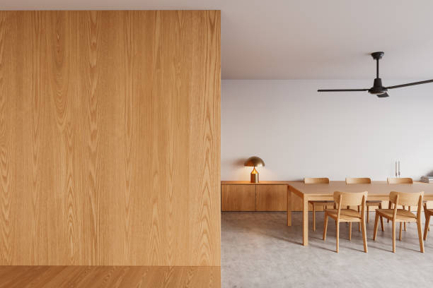 istock Minimalist wooden dining room interior with a clean design. 3D Rendering 2204288977