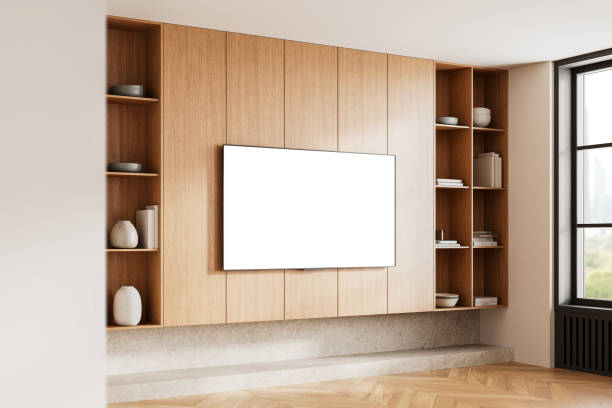 istock Modern interior with blank screen on wooden wall entertainment center. 3D Rendering 2204289016