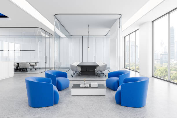 istock Modern office interior with blue chairs and glass partition meeting room. 3D Rendering 2204289030