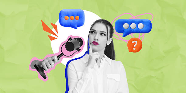 istock Thoughtful woman with microphone and speech bubbles on green bac 2204289892