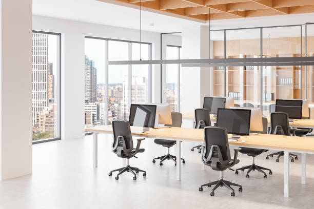 istock Modern open-space office interior with large windows and city view. 3D Rendering 2204290246