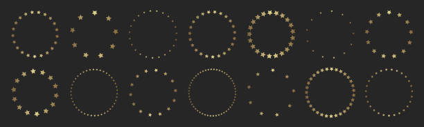 Golden stars in circle icon. Gold round frames with stars. Vector illustration graphic design