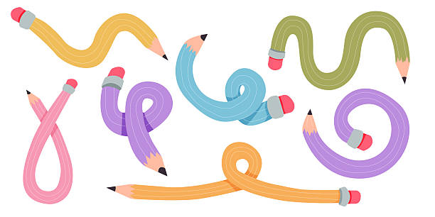 istock Twisted curved comic pencil doodle sketchy. Line hand drawn simple pencil. Funky flexible school supplies. Trendy writing tool. Vector illustration 2204307877