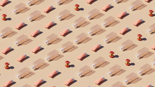 Plastic and Food Waste systematically arranged on a glossy, reflective peachy beige surface. Symbolizing waste management, recycling, and environmental impact. 3D render.