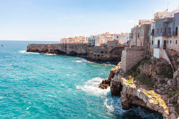 istock Polignano a Mare coastal landscape, white limestone cliffs bordering turquoise Adriatic waters, revealing stunning panoramic scenery of iconic Pugliese village 2204317066