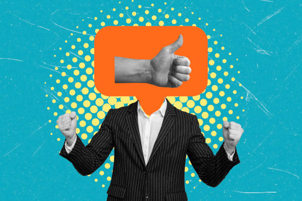 istock Creative representation of a person with a thumbs up gesture and a speech bubble in a vibrant design 2204324899
