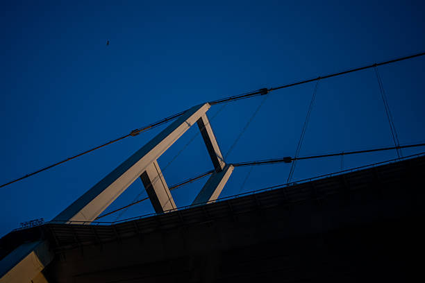 A breathtaking view of the Istanbul Bosphorus Bridge at sunset, with the bridge silhouetted against the vibrant colors of the sky, reflecting on the calm waters below.
