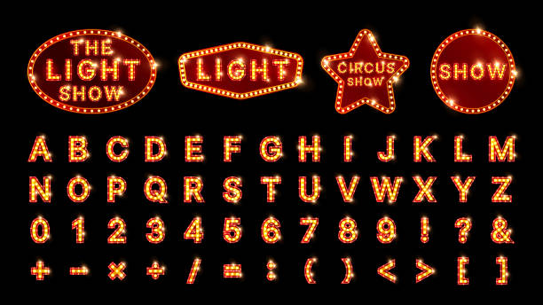 Retro Neon Marquee Billboard: Glowing Circle, Oval, and Star Shapes with Alphabet and Number Collection for Carnival, Casino, Broadway, and Nightlife Celebrations. Vector.