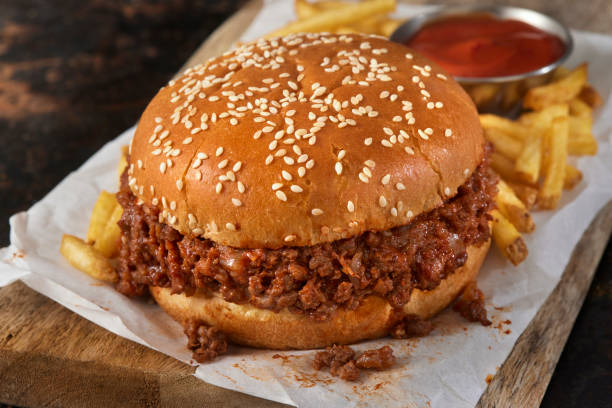 istock Bison Sloppy Joe Sandwich on a Sesame Seed Bun with Fries 2204328621