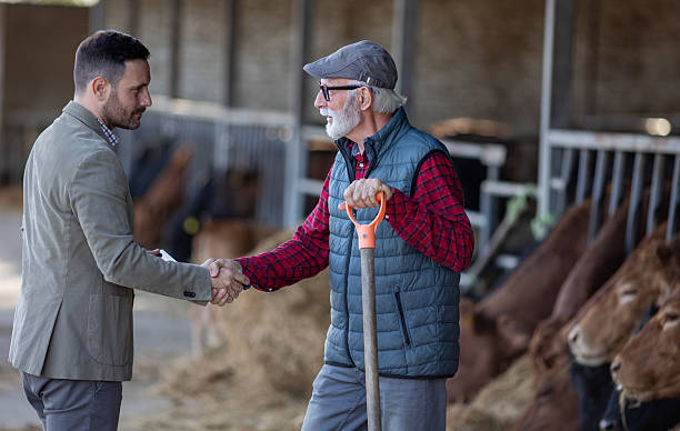 istock Businessman and farmer shaking hands on cattle ranch 2204329516