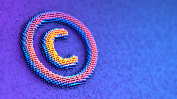 istock Copyright mark icon on the digital futuristic blue background. 3d Illustration with bright colors and pixelated technology. 2204333108