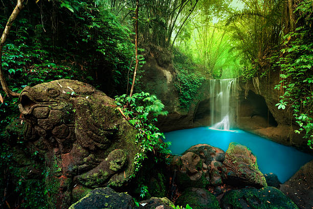 First person view from camp on scenery waterfall Suwat Waterfall Bali with scenery nature pool on background tropical rainforest jungle Bali, Indonesia