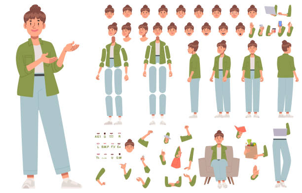 Constructor cute woman character in casual clothes. Housewife or freelancer. Set of different positions of arms legs body and head for creating animation and your own illustrations. DIY kit. Vector illustration in flat style