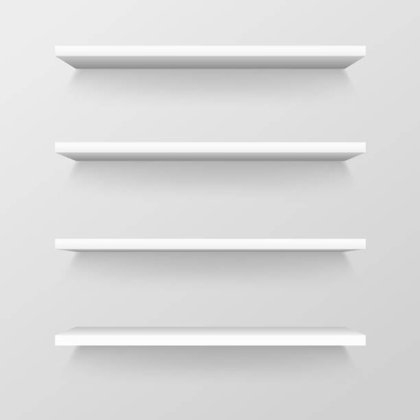 istock Empty store shelves, blank retail showcase, supermarket shelf template 2204346679