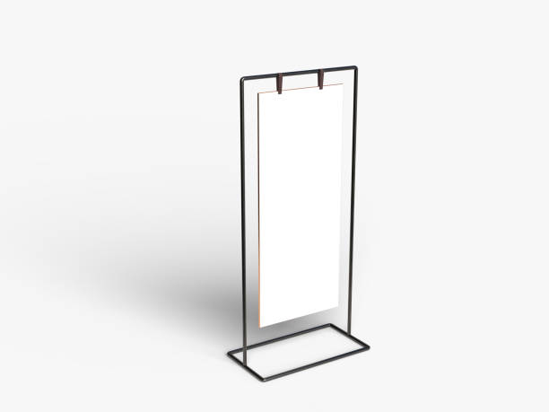 istock 3D Realistic floor standing display mockup with metal base and leather. Blank portable vertical info white placard sign holder stand for presentation poster, banner, ads, products or exhibition info 2204348986
