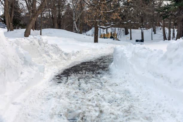 istock Winter road with salt and melting snow 2204349382