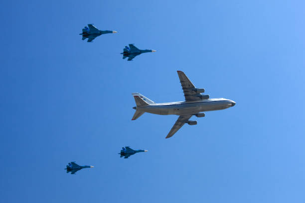Moscow, Russia - May 09, 2009: Russian Air Force airplanes (Transport aircraft Antonov A-124 Ruslan and jet fighters Su-27) at Moscow Victory Parade