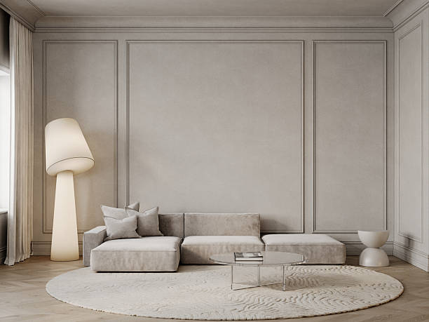 istock Classic beige interior with sofa, floor lamp, coffee table, round carpet and decor. 3d render illustration mockup. 2204355855