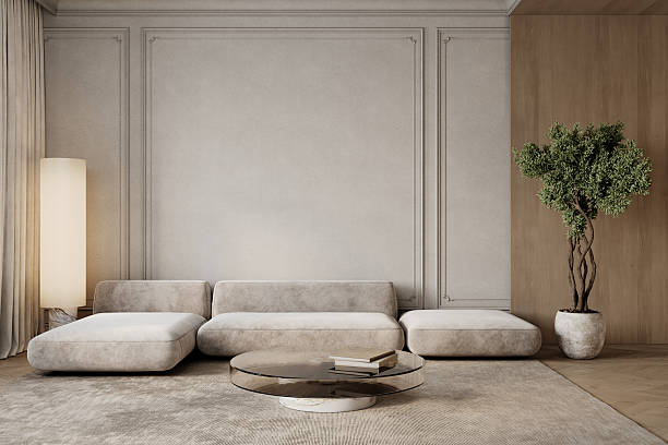 istock Contemporary classic beige interior with sofa, plants, moldings, floor lamp, wood wall panel and decor. 3d render illustration mockup. 2204355886