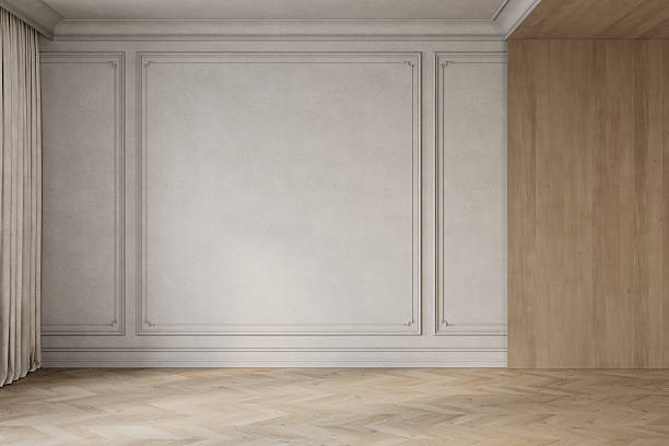 istock Classic beige empty interior with moldings, wall wood panel, chevron parquet floor. 3d render illustration mockup. 2204355892