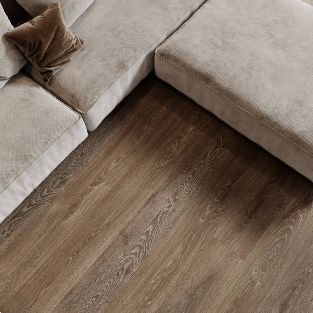 istock Wood parquet floor planks in interior with sofa and pillows. Top view. 3d render illustration mockup. 2204355901