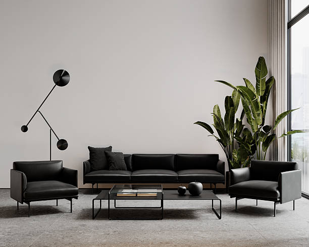 Minimalist hitech white interior with black leather sofa and armchairs, coffee table, terrazzo tile and plants. 3d render illustration mockup.