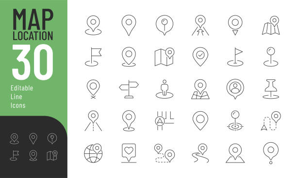 Vector illustration in modern thin line style of place mark related  icons: pin, flag, direction, and more.