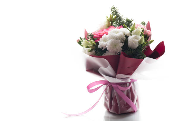 Flower arrangement with chrysanthemums, isolated on white background.