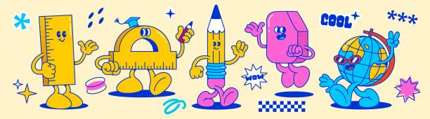 Groovy school supplies cartoon characters. Cheerful retro anthropomorphic stationery items with expressive faces and gestures walking and standing. Vibrant vintage funny mascot for educational design.