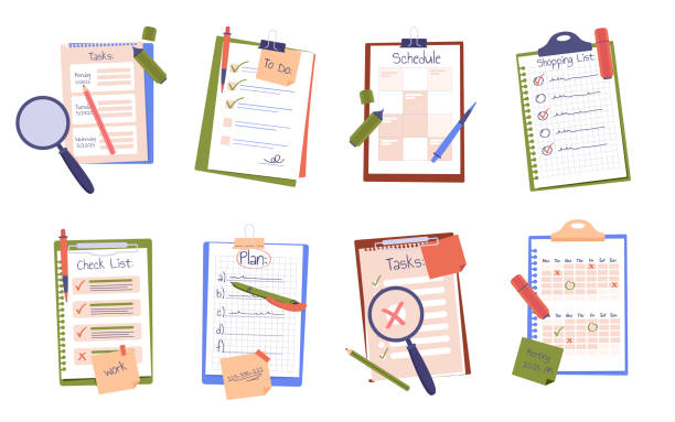 illustrazioni stock, clip art, cartoni animati e icone di tendenza di appunti con lista della spesa da fare, programma, lista di controllo, piano, attività e set di fogli di carta del calendario - lista di cose da fare