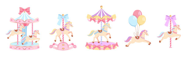 Carousel horse baby shower set with circus or amusement park merry-go-round attraction elements Carousel horse baby shower set with circus or amusement park merry-go-round attraction elements vector illustration. Funfair playground children spinning swing colorful decoration collection carousel horse isolated stock illustrations