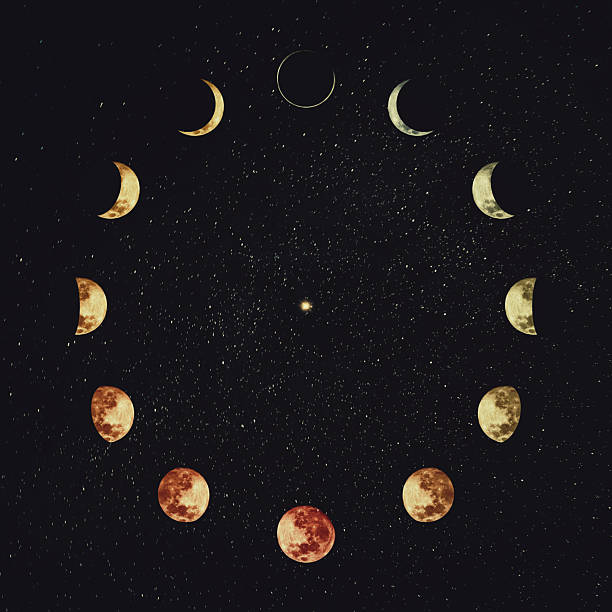 istock Moon phases over starry night sky background. Astronomy and astrology conceptual scene. Esoteric magic celestial signs, lunar annual calendar, symbol for 12 months, or minimalist clock shape orbit 2204373247