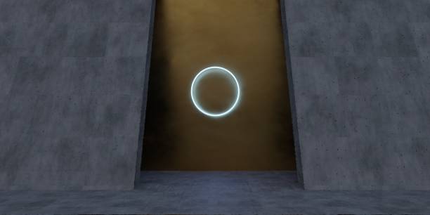istock Technology Hall Neon Ring Showroom, Modern Light Hall 3D Illustration 2204374583